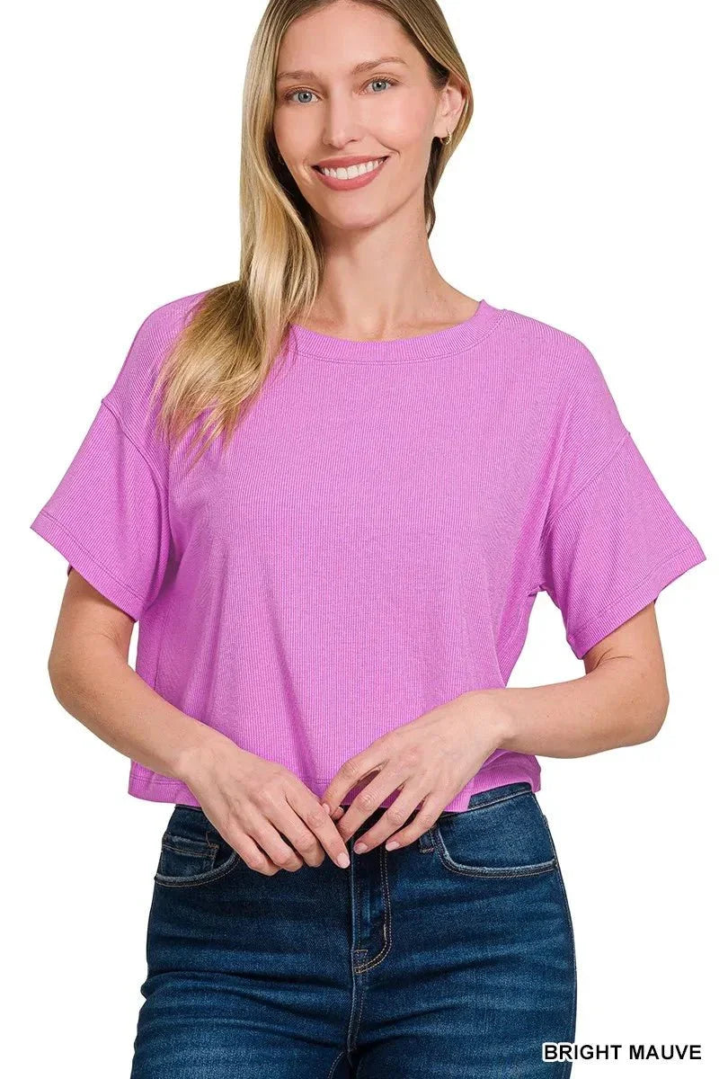 Zenana Ribbed Round - Neck Crop T-Shirt - VILLA FASHION
