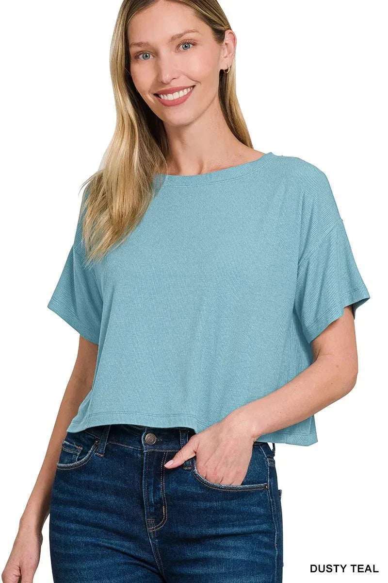 Zenana Ribbed Round - Neck Crop T-Shirt - VILLA FASHION