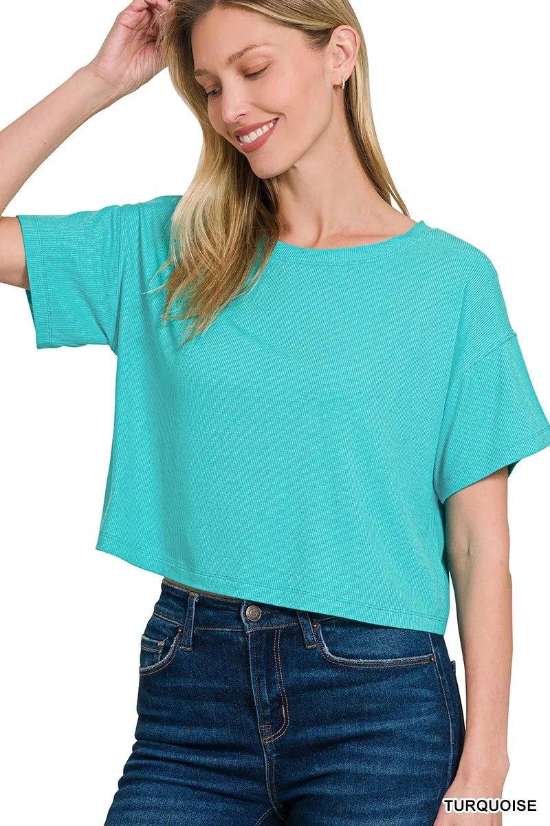 Zenana Ribbed Round - Neck Crop T-Shirt - VILLA FASHION