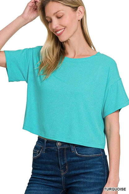 Zenana Ribbed Round - Neck Crop T-Shirt - VILLA FASHION