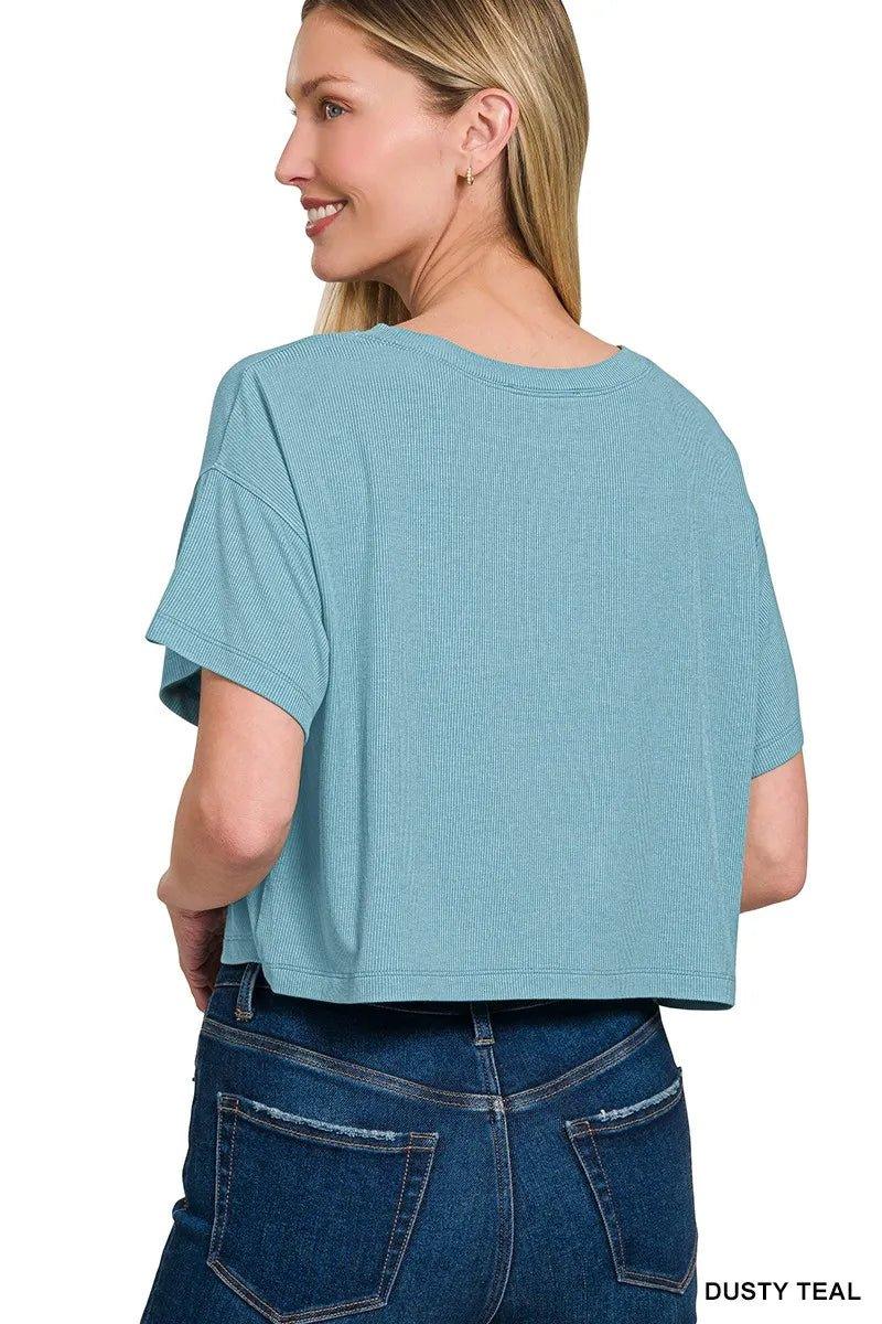 Zenana Ribbed Round - Neck Crop T-Shirt - VILLA FASHION