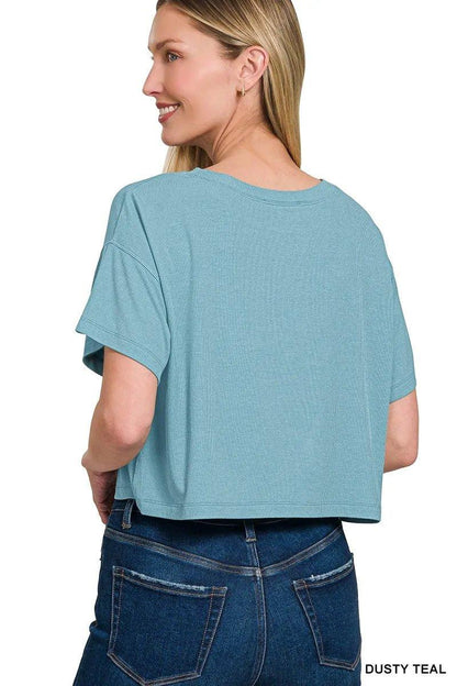 Zenana Ribbed Round - Neck Crop T-Shirt - VILLA FASHION