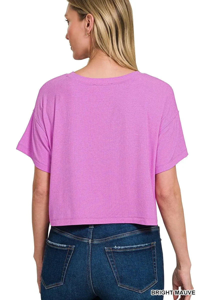 Zenana Ribbed Round - Neck Crop T-Shirt - VILLA FASHION