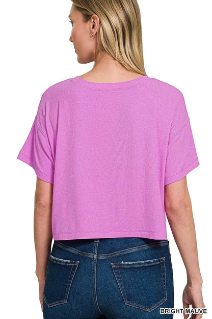 Zenana Ribbed Round - Neck Crop T-Shirt - VILLA FASHION