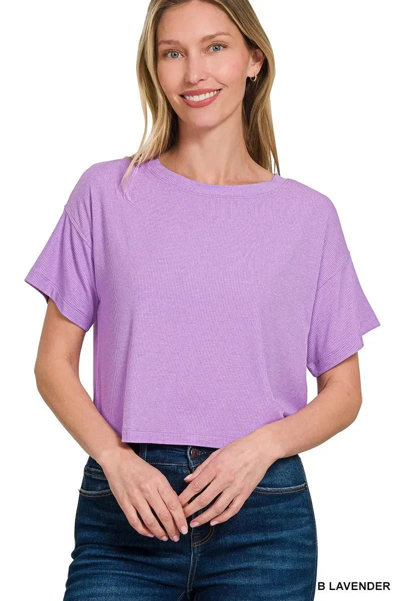 Zenana Ribbed Round - Neck Crop T-Shirt - VILLA FASHION