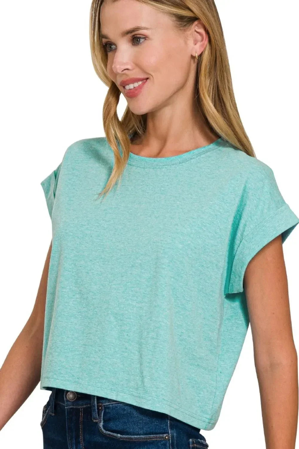 Zenana Rolled Sleeve Crop T-Shirt - VILLA FASHION