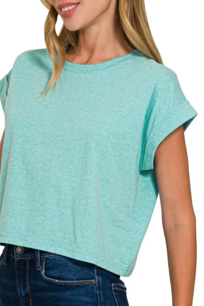 Zenana Rolled Sleeve Crop T-Shirt - VILLA FASHION