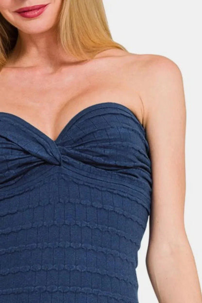 Zenana Ruched Twisted Sweetheart Neck Top - VILLA FASHION