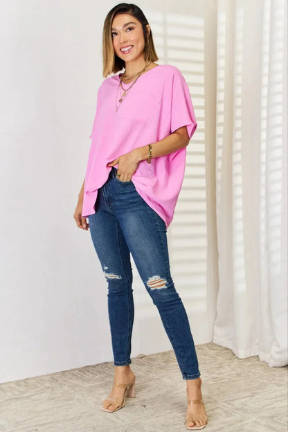 Zenana Texture Short Sleeve Blouse - VILLA FASHION