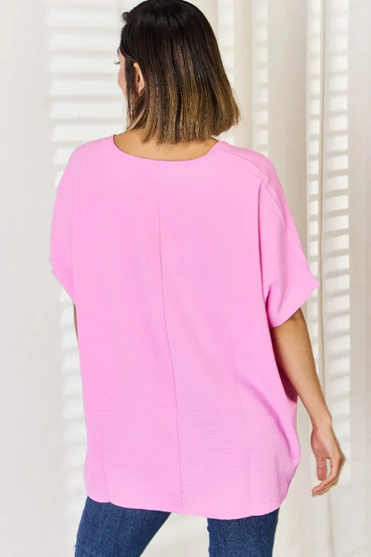 Zenana Texture Short Sleeve Blouse - VILLA FASHION