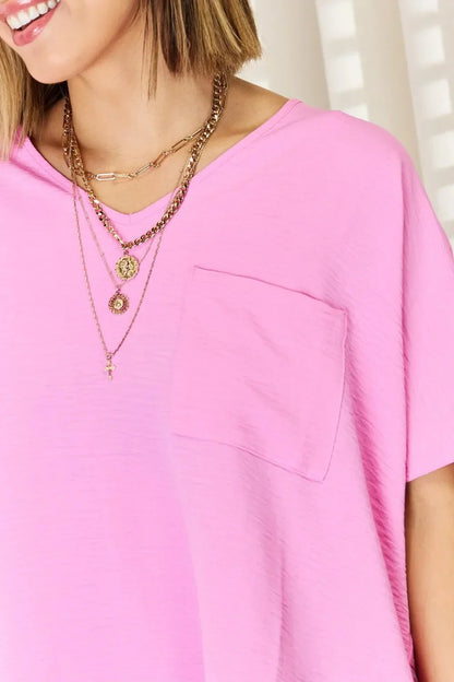 Zenana Texture Short Sleeve Blouse - VILLA FASHION