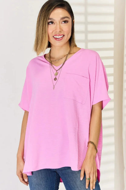 Zenana Texture Short Sleeve Blouse - VILLA FASHION
