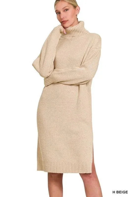 Zenana Turtle Neck Long Sleeve Midi Sweater Dress - VILLA FASHION
