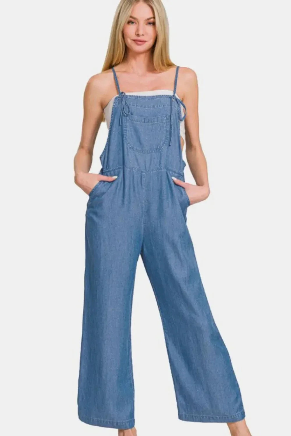 Zenana Washed Adjustable Strap Wide Leg Denim Overalls - VILLA FASHION