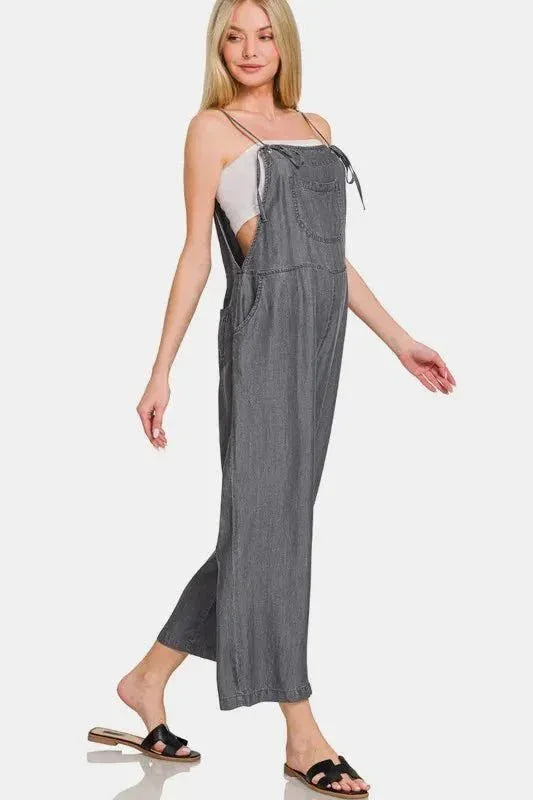 Zenana Washed Adjustable Strap Wide Leg Denim Overalls - VILLA FASHION