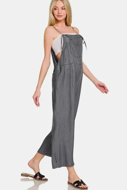 Zenana Washed Adjustable Strap Wide Leg Denim Overalls - VILLA FASHION