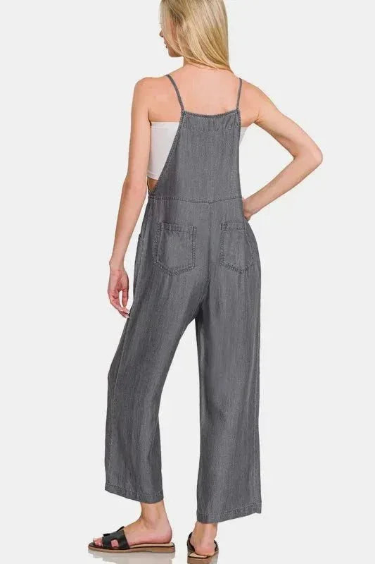 Zenana Washed Adjustable Strap Wide Leg Denim Overalls - VILLA FASHION