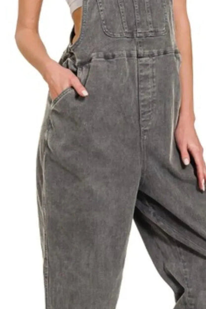 Zenana Washed Knot Strap Relaxed Fit Overalls - VILLA FASHION