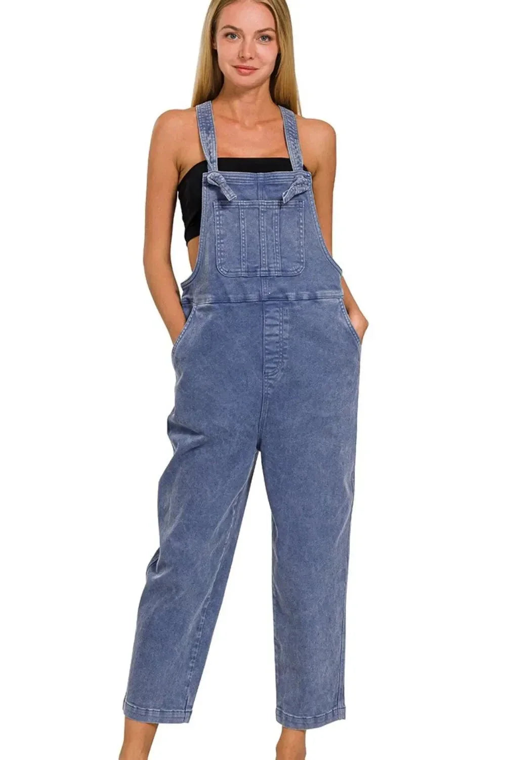 Zenana Washed Knot Strap Relaxed Fit Overalls - VILLA FASHION