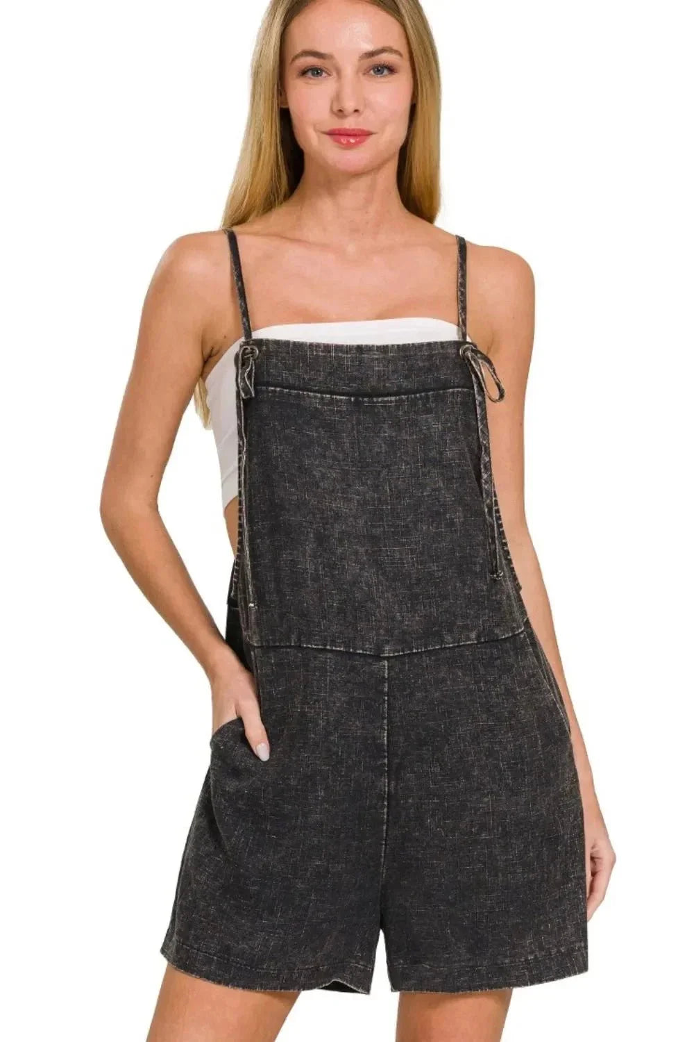 Zenana Washed Linen Knot Strap Rompers - VILLA FASHION