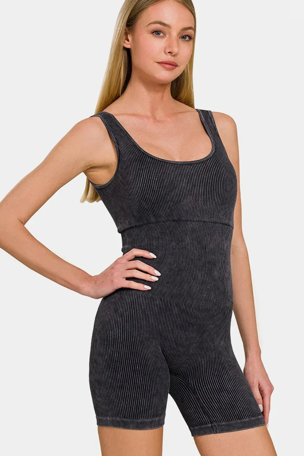 Zenana Washed Ribbed Romper with Pad - VILLA FASHION