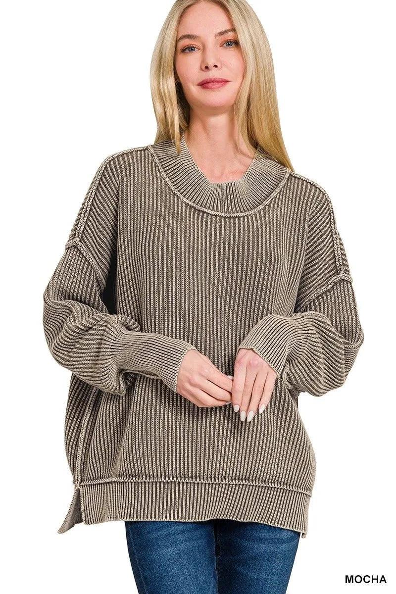 Zenana Washed Side Slit Oversized Sweater - VILLA FASHION