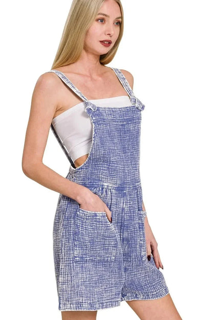Zenana Woven Double Gauze Acid Washed Romper - VILLA FASHION