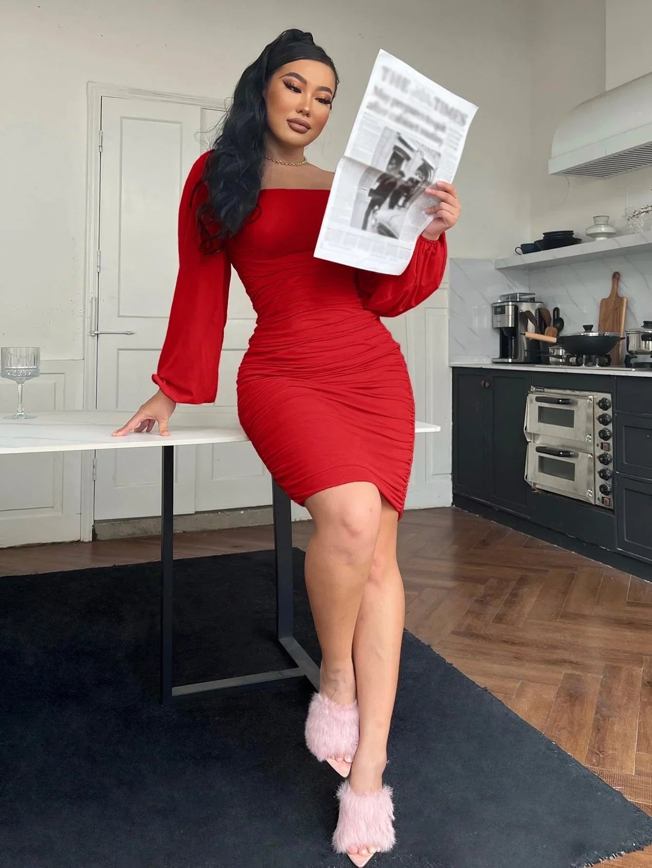 Zip - Back Ruched Bodycon Dress - VILLA FASHION