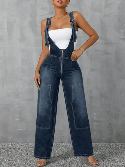 Zip Front Wide Strap Denim Overalls - VILLA FASHION