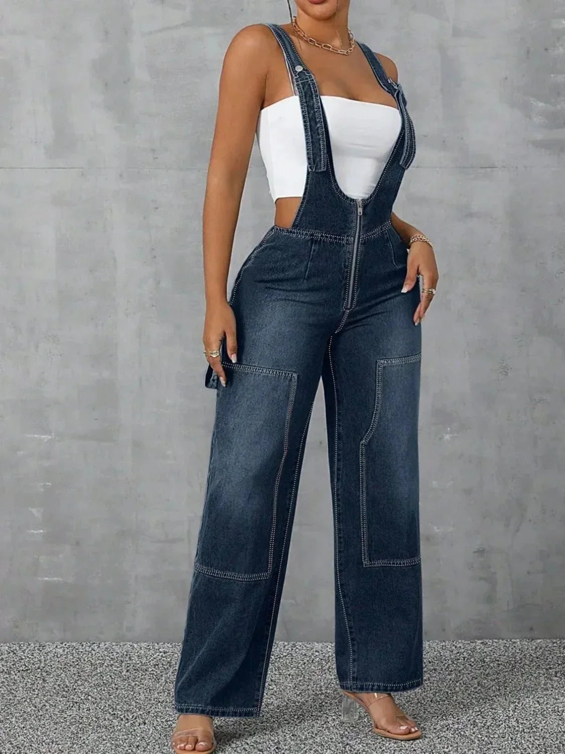 Zip Front Wide Strap Denim Overalls - VILLA FASHION