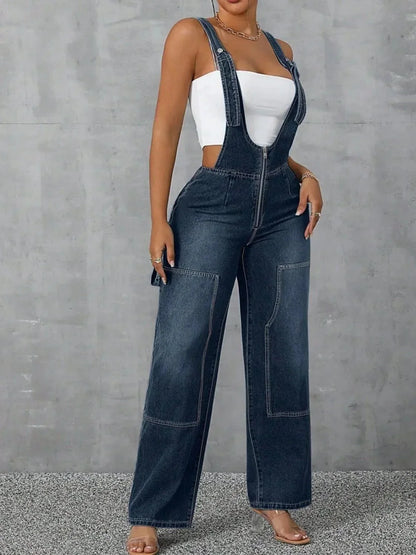 Zip Front Wide Strap Denim Overalls - VILLA FASHION