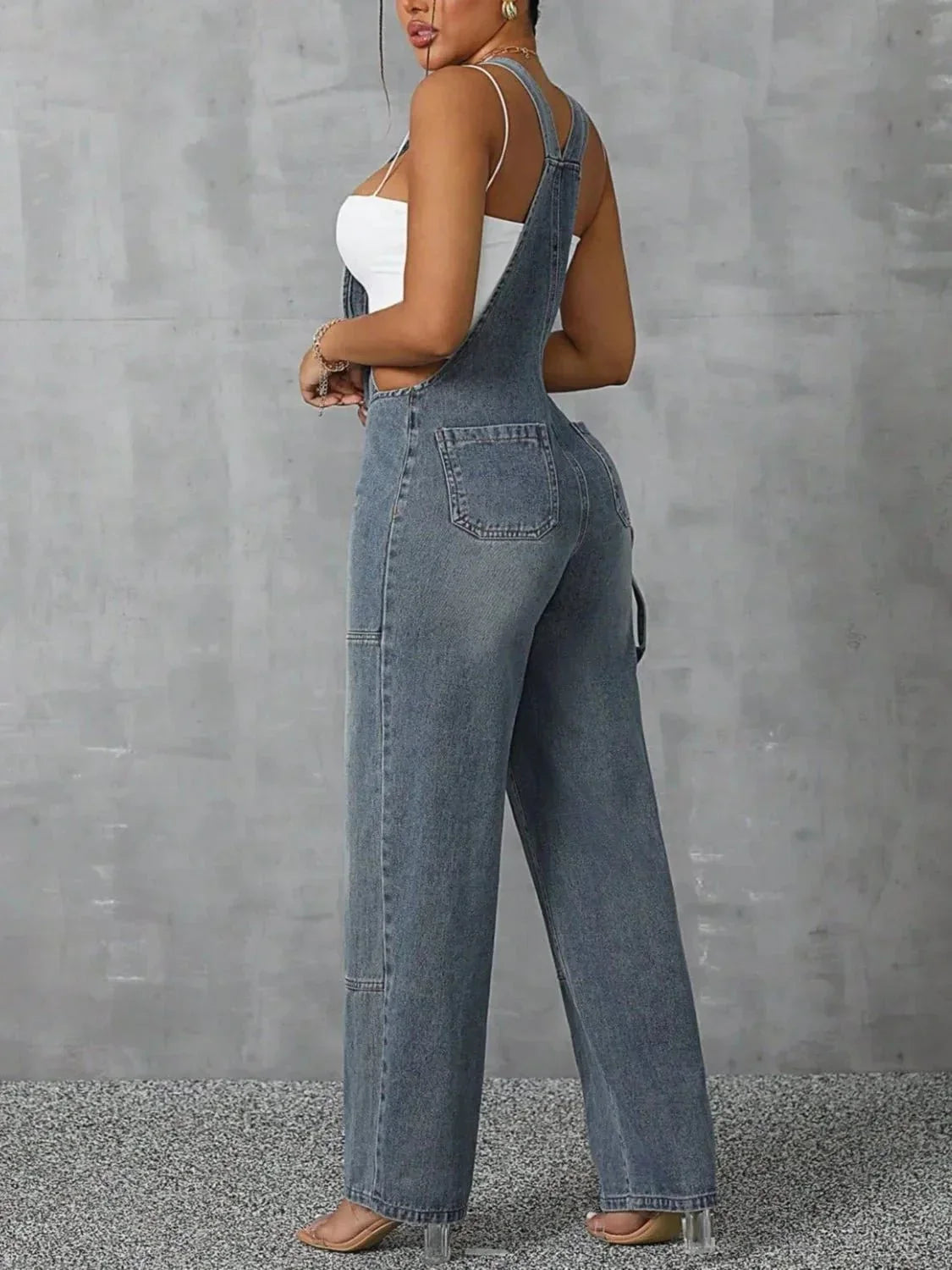 Zip Front Wide Strap Denim Overalls - VILLA FASHION