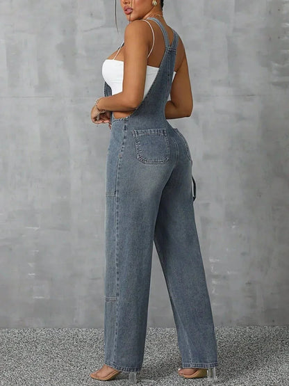 Zip Front Wide Strap Denim Overalls - VILLA FASHION