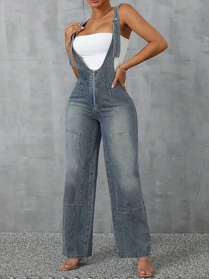 Zip Front Wide Strap Denim Overalls - VILLA FASHION