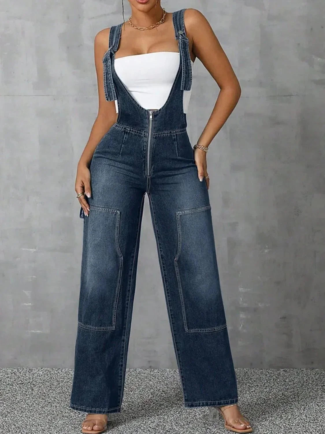 Zip Front Wide Strap Denim Overalls - VILLA FASHION