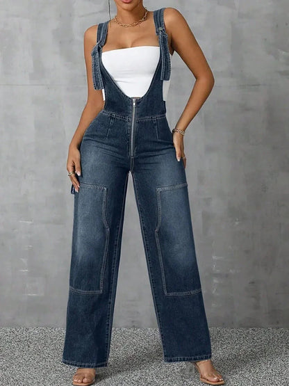 Zip Front Wide Strap Denim Overalls - VILLA FASHION