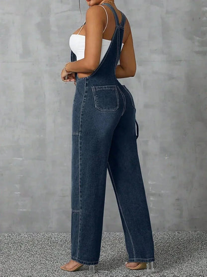 Zip Front Wide Strap Denim Overalls - VILLA FASHION