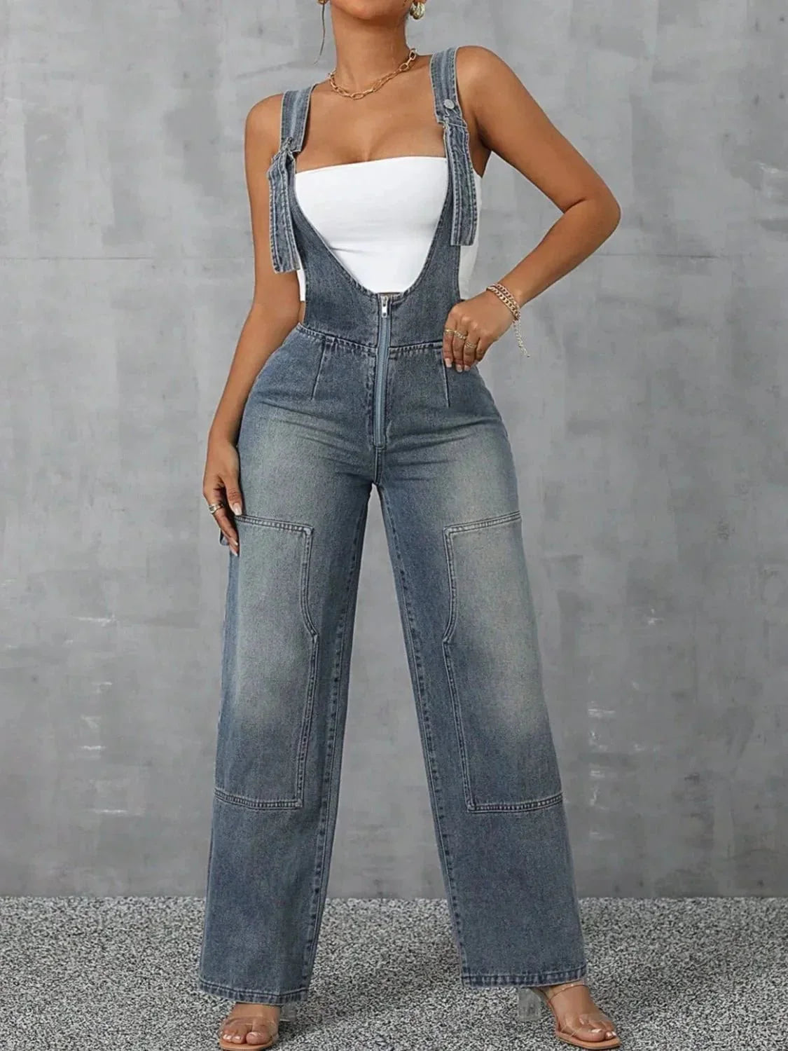 Zip Front Wide Strap Denim Overalls - VILLA FASHION