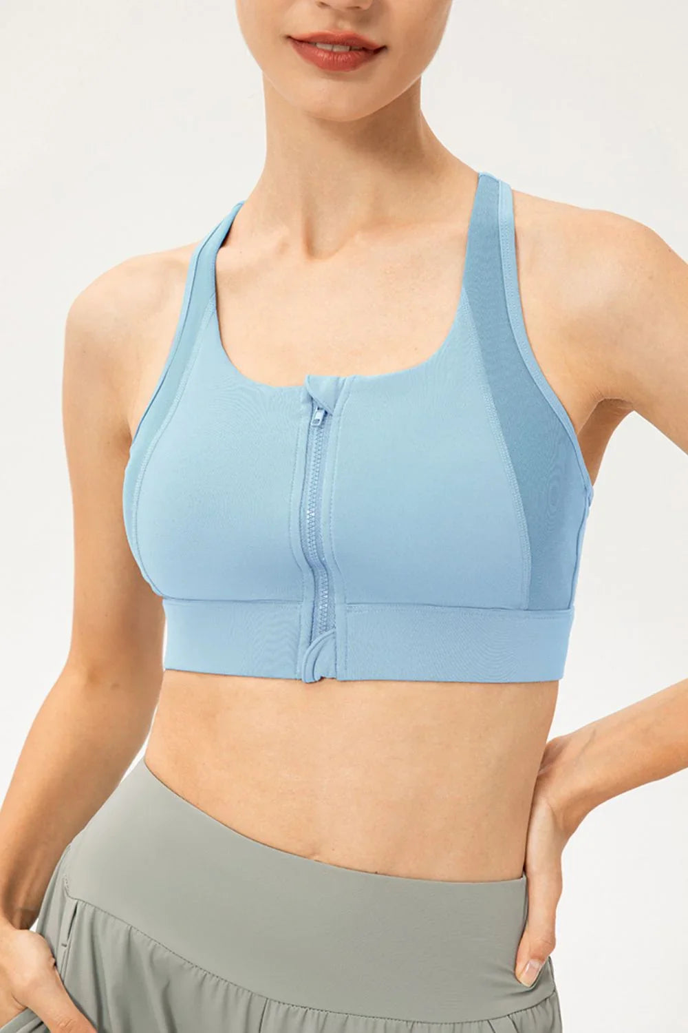 Zip - Up Round Neck Sports Bra - VILLA FASHION