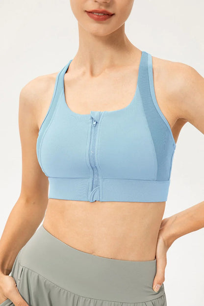 Zip - Up Round Neck Sports Bra - VILLA FASHION